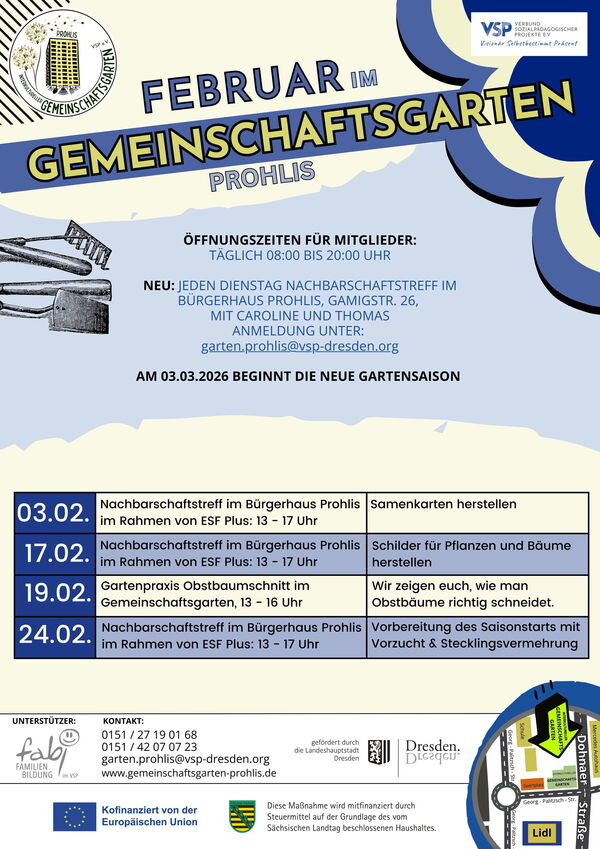 Monatsflyer Februar 2026 - Gemeinschaftsgarten Prohlis in Dresden